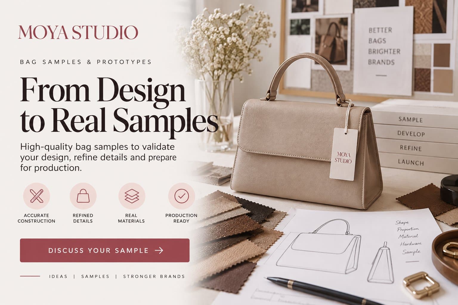 Photo shared by Moya Studio: From Design to Real Bag Samples
A handbag design is only the starting point. Before moving into pro
