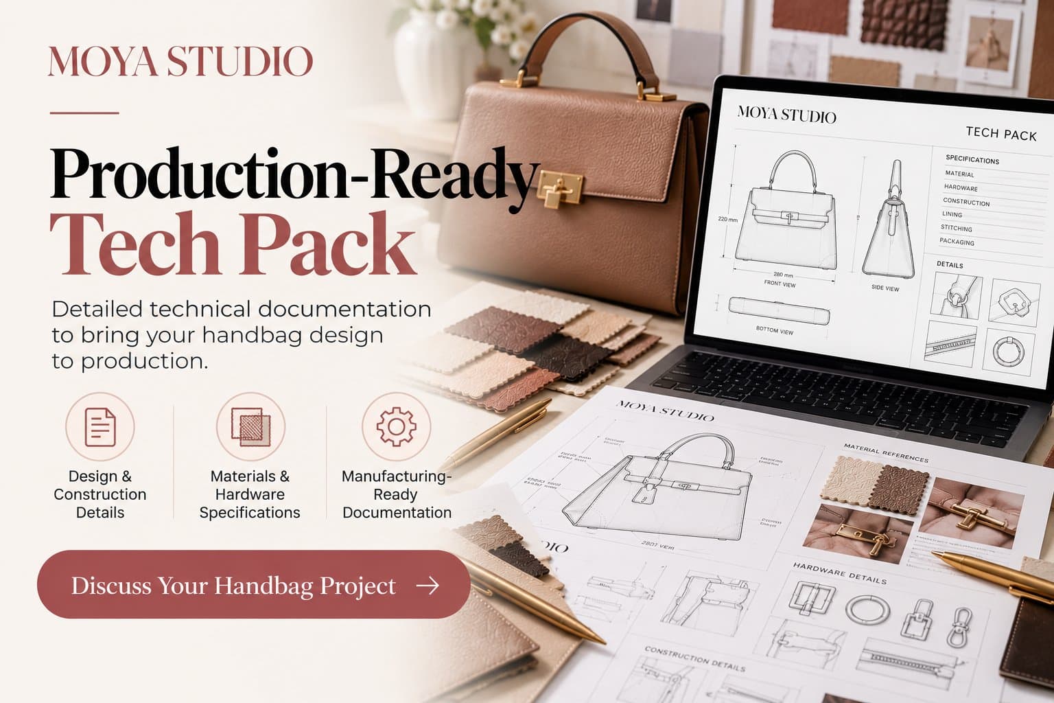 Photo shared by Moya Studio: Production-Ready Tech Pack for Your Handbag

Moving from a handbag idea to sampling can be difficu