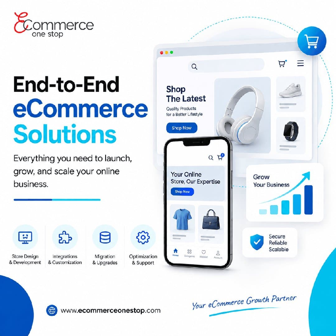 Photo shared by EcommerceOneStop: Grow with our end-to-end ecommerce solutions cover everything from store design and development to i