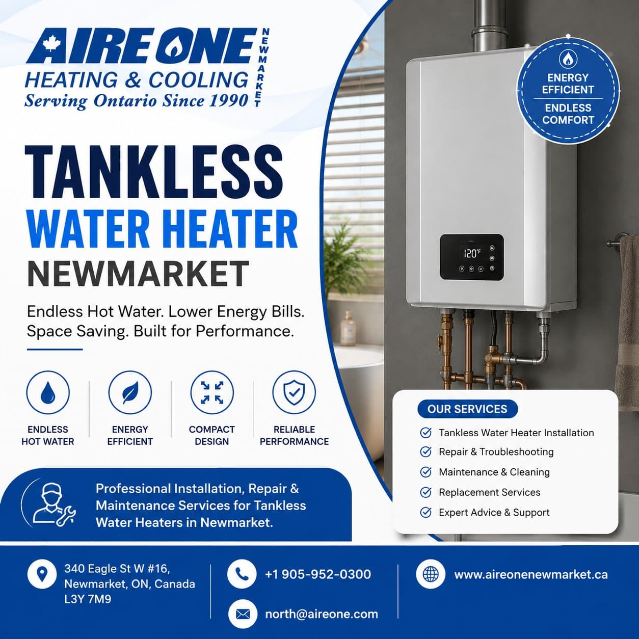 Photo shared by Aire One Newmarket: Looking for a reliable tankless water heater Newmarket solution? Aire One Newmarket provides profess