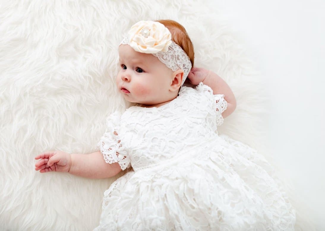 Photo shared by Nicolettes Couture: White Baby Girl Christening Gown, Infant Lace Baptism Dress, Boho Blessing Day Outfit, Unique Flower
