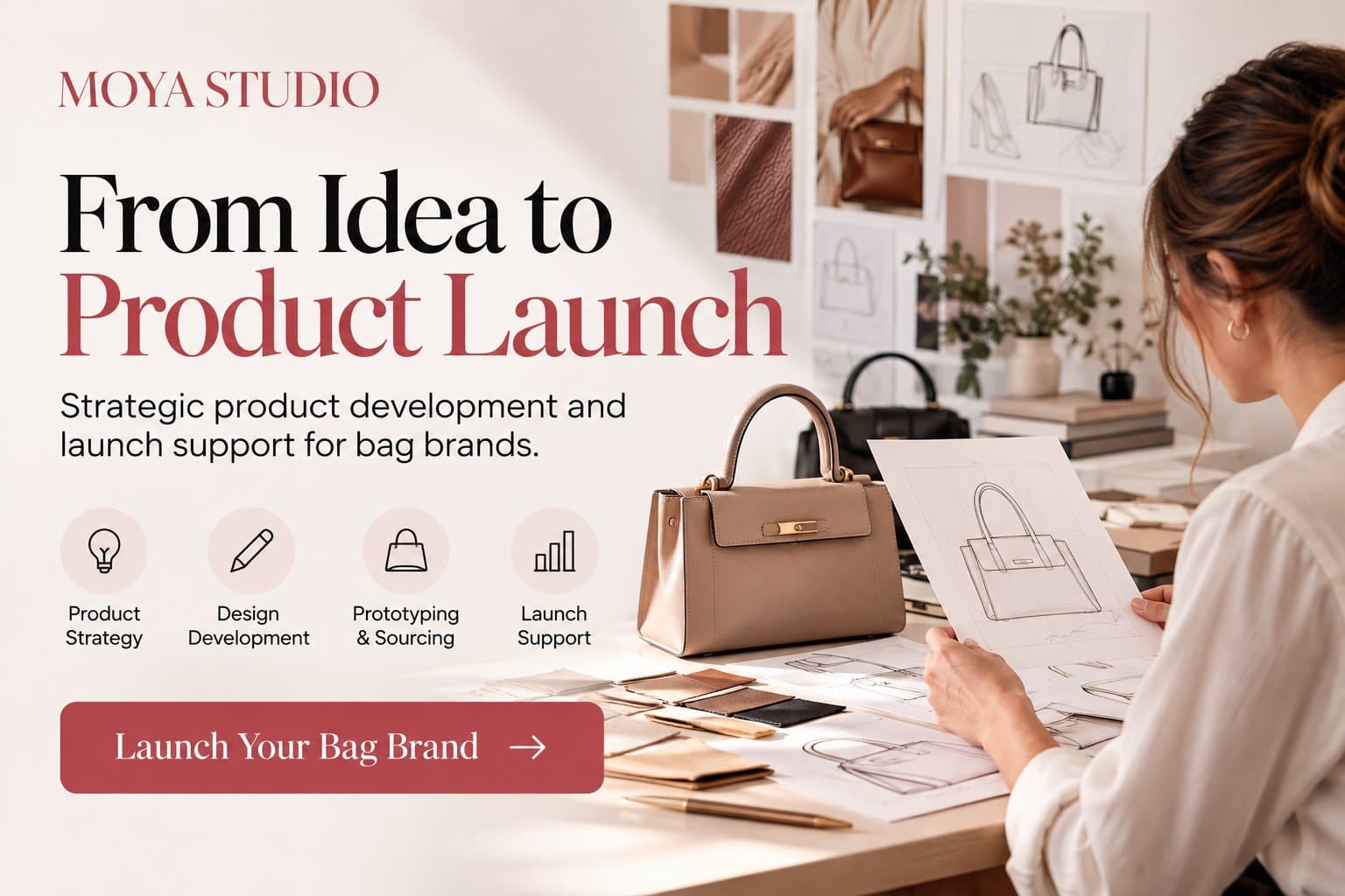 Photo shared by Moya Studio: From Idea to Product Launch – MOYA Studio
Planning to launch your own handbag brand? Turning a cr