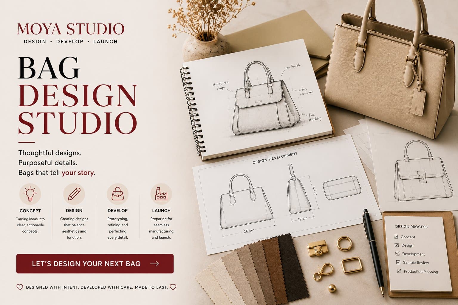 Photo shared by Moya Studio: Bag Design Studio
Have a handbag idea but need help turning it into a real product? A professiona