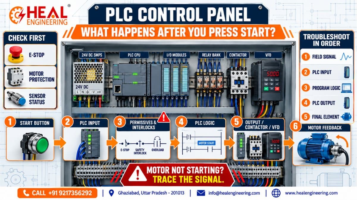 Photo shared by Kalpanamishra: PLC control panel troubleshooting diagram showing the signal path from field input and PLC logic to